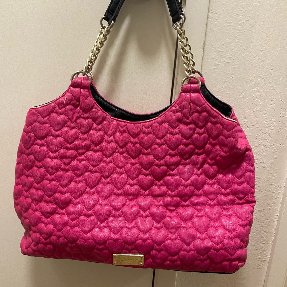Betsey Johnson Fuchsia Heart-Patterned Shoulder Bag